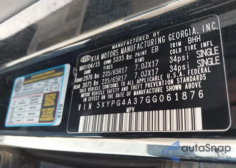 2016 Kia Sorento 2.4L Lx from USA, damaged, VIN 5XYPG4A37GG061876